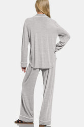 Zenana Button Down Long Sleeve Top and Pants Lounge Set OutfitFlow